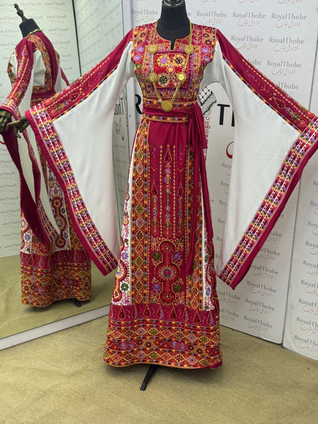 Pink / White Satin Maleka Full Embroidered Thobe