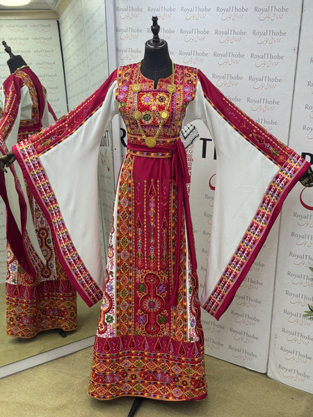 Pink / White Satin Maleka Full Embroidered Thobe