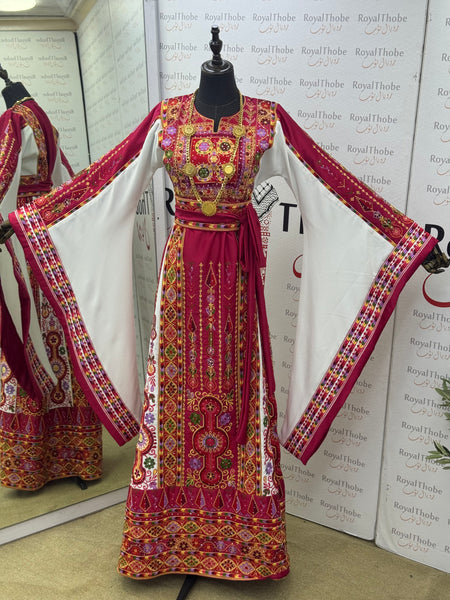 Pink / White Satin Maleka Full Embroidered Thobe