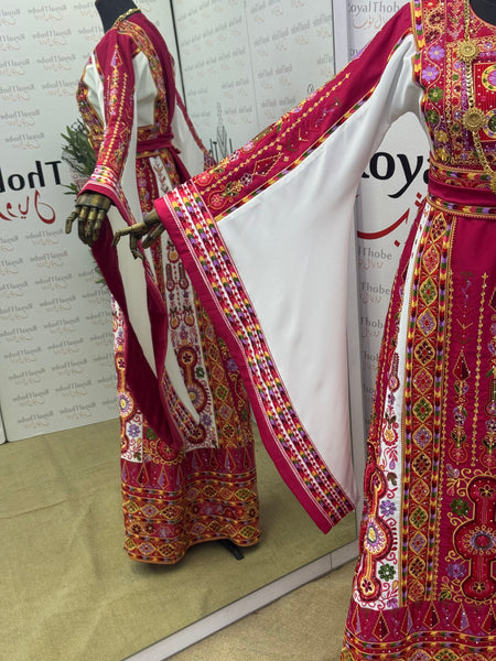 Pink / White Satin Maleka Full Embroidered Thobe