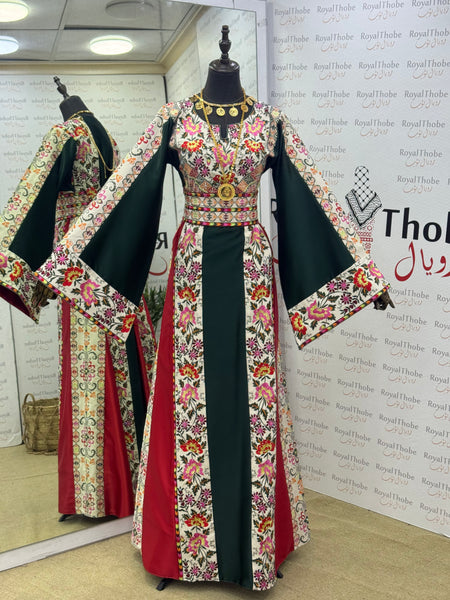 Olive Green/ Cream Beige Floral Satin Long Full Embroidered Thobe