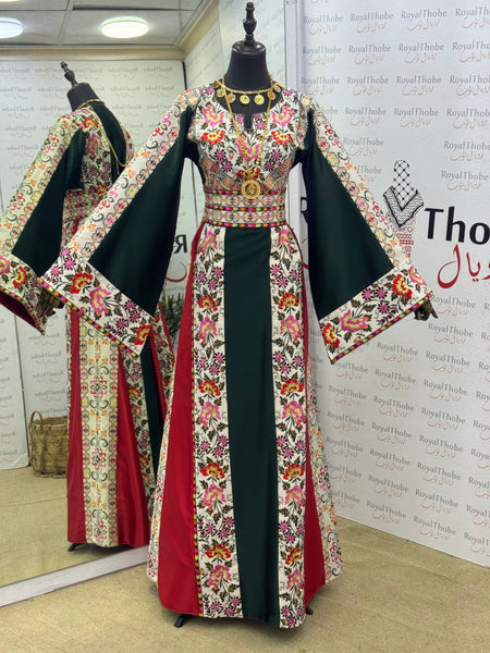 Olive Green/ Cream Beige Floral Satin Long Full Embroidered Thobe