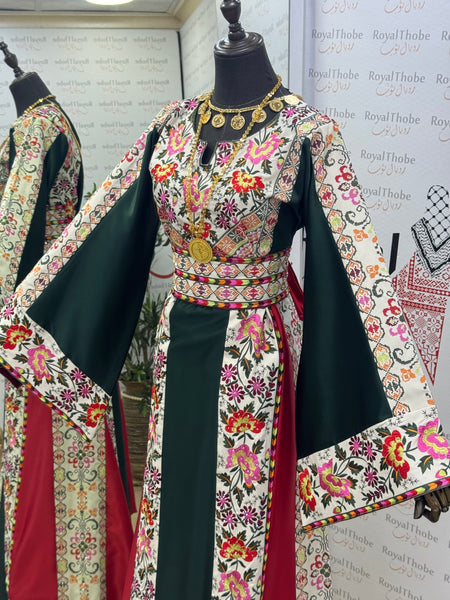 Olive Green/ Cream Beige Floral Satin Long Full Embroidered Thobe