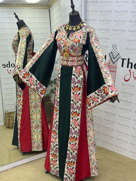 Olive Green/ Cream Beige Floral Satin Long Full Embroidered Thobe