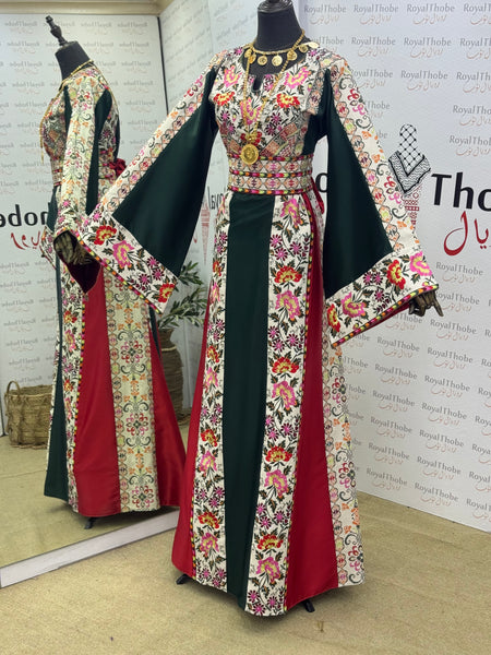 Olive Green/ Cream Beige Floral Satin Long Full Embroidered Thobe