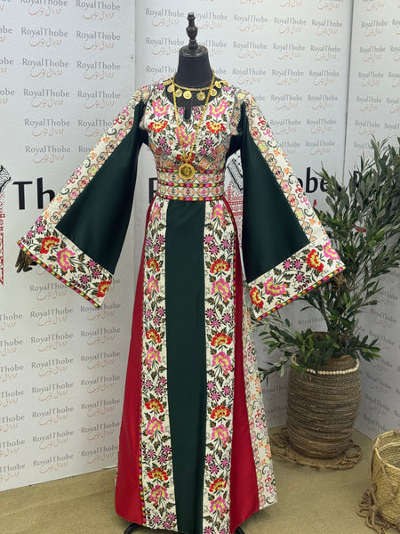 Olive Green/ Cream Beige Floral Satin Long Full Embroidered Thobe