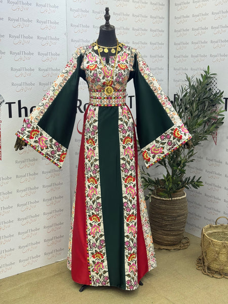 Olive Green/ Cream Beige Floral Satin Long Full Embroidered Thobe