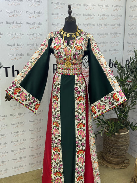 Olive Green/ Cream Beige Floral Satin Long Full Embroidered Thobe