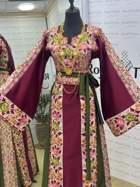 Burgundy & Green/ Beige Floral Satin Long Full Embroidered Thobe.