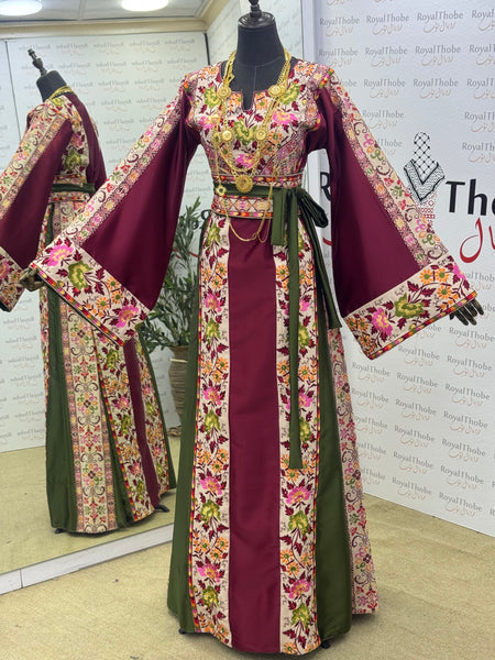 Burgundy & Green/ Beige Floral Satin Long Full Embroidered Thobe.