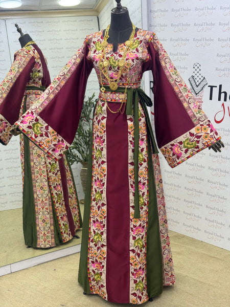 Burgundy & Green/ Beige Floral Satin Long Full Embroidered Thobe.