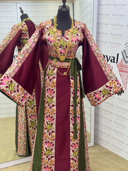 Burgundy & Green/ Beige Floral Satin Long Full Embroidered Thobe.