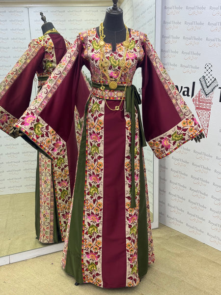 Burgundy & Green/ Beige Floral Satin Long Full Embroidered Thobe.