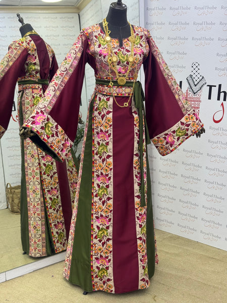 Burgundy & Green/ Beige Floral Satin Long Full Embroidered Thobe.