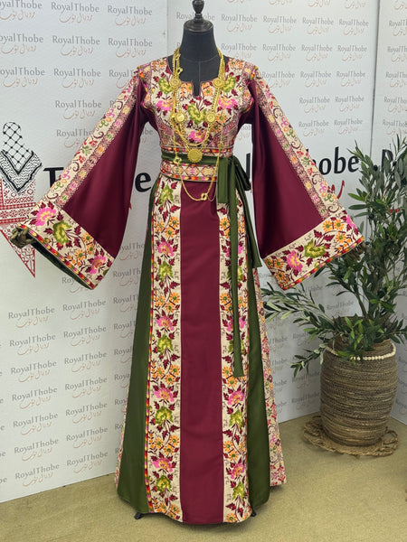 Burgundy & Green/ Beige Floral Satin Long Full Embroidered Thobe.