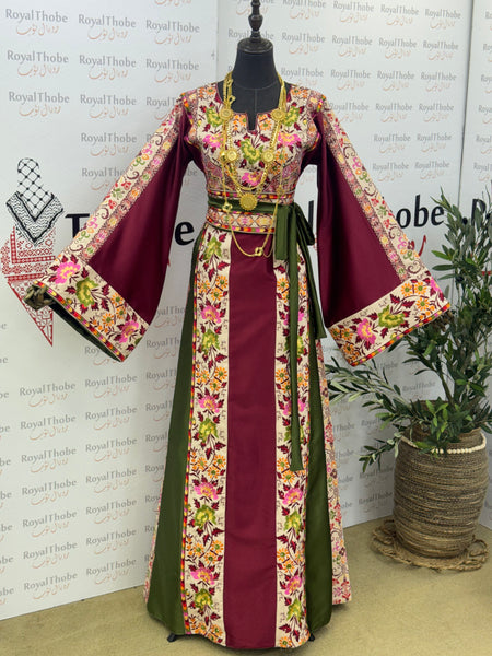 Burgundy & Green/ Beige Floral Satin Long Full Embroidered Thobe.