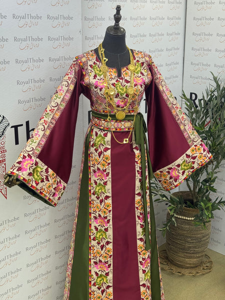 Burgundy & Green/ Beige Floral Satin Long Full Embroidered Thobe.