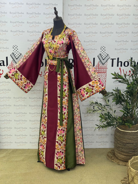 Burgundy & Green/ Beige Floral Satin Long Full Embroidered Thobe.