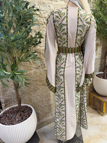 Beige/ Green & Brown Olive Branches Long Full Embroidered Thobe.
