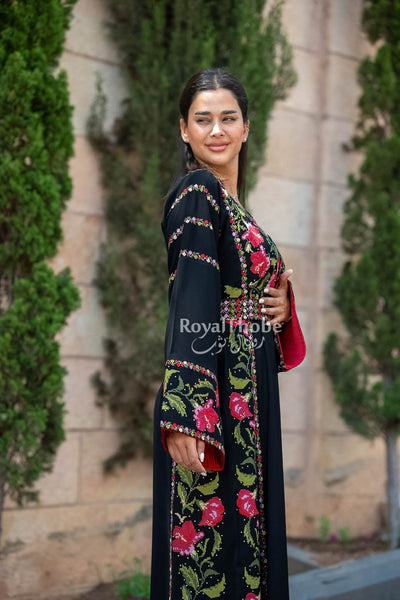 Floral Black/Red Long Full Embroidered Thobe