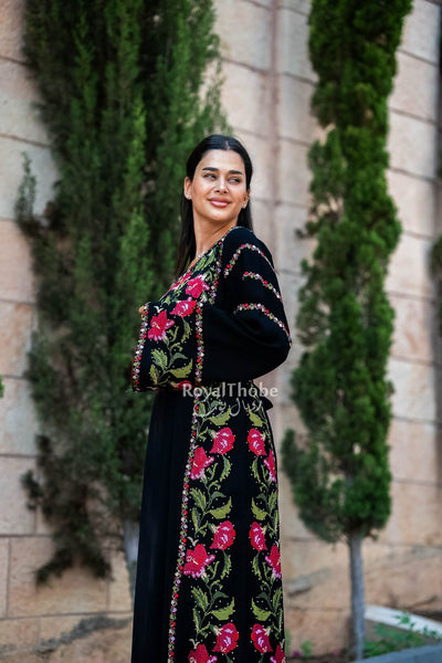 Floral Black/Red Long Full Embroidered Thobe