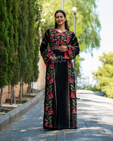 Floral Black/Red Long Full Embroidered Thobe