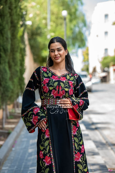 Floral Black/Red Long Full Embroidered Thobe