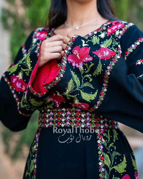 Floral Black/Red Long Full Embroidered Thobe