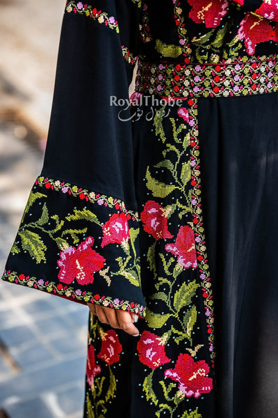 Floral Black/Red Long Full Embroidered Thobe