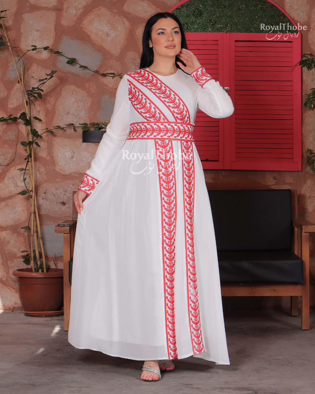 White/Red Two Lines Simple Embroidered Dress
