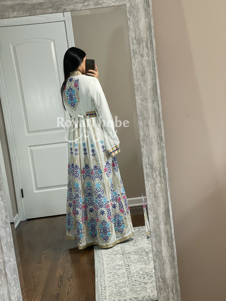 Bridal White/Blue Moroccan Style Full Embroidered Kaftan