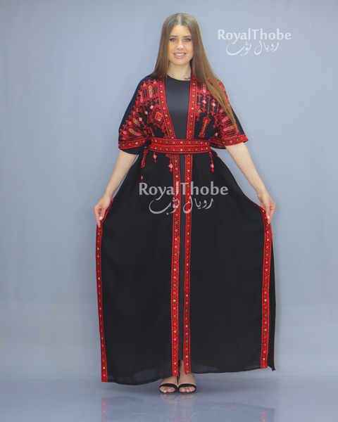 Black/Red Short Sleeve Embroidered Free Size Bisht