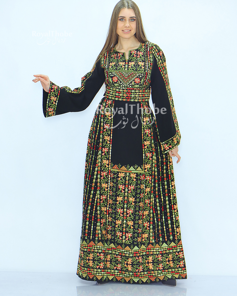 Black/Olive Green Flowers Full Embroidered Thobe