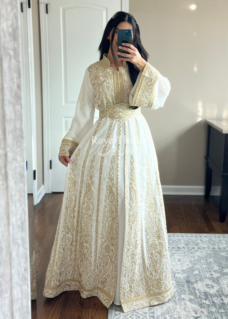White and gold embroidered dress best sale
