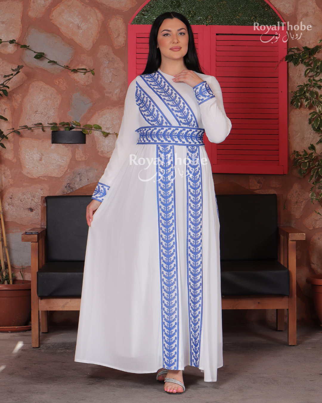 White/Blue Two Lines Simple Embroidered Dress