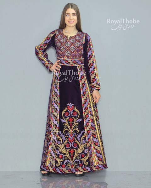 Purple Velvet Full Embroidered Thobe With Removable Skirt
