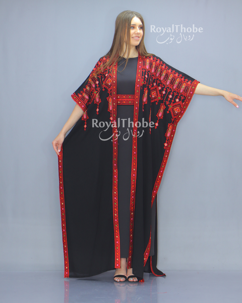 Black/Red Short Sleeve Embroidered Free Size Bisht