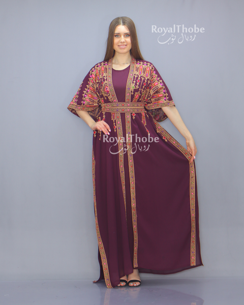 Purple Short Sleeve Embroidered Free Size Bisht
