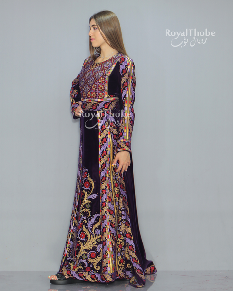 Purple Velvet Full Embroidered Thobe With Removable Skirt