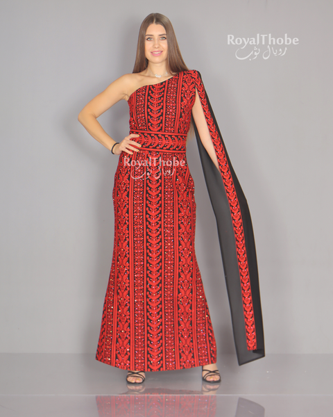 Black/Red Modern One Shoulder Embroidered Dress