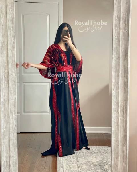 Black/Red Short Sleeve Embroidered Free Size Bisht