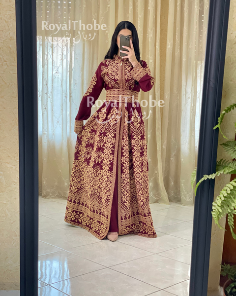 Burgundy Full Embroidered Two Pieces Kaftan