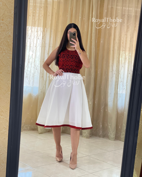 White/Red Modern Short Puffy Embroidered Dress