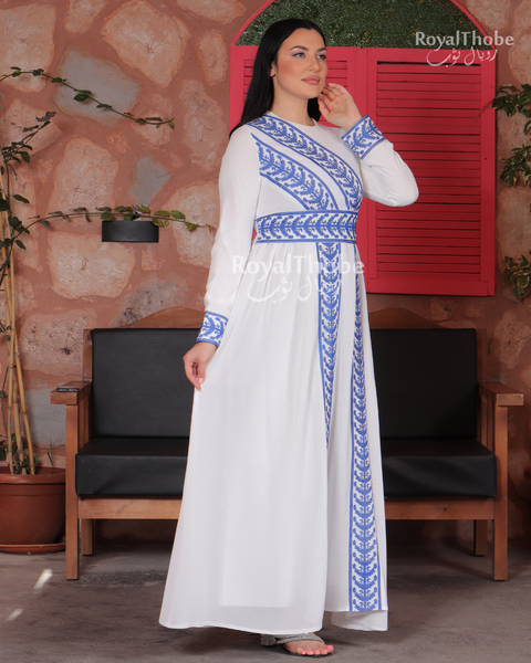 White/Blue Two Lines Simple Embroidered Dress