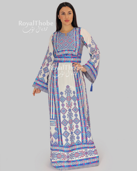 White/Blue Dimond Maleka Kashmer Full Embroidered Thobe
