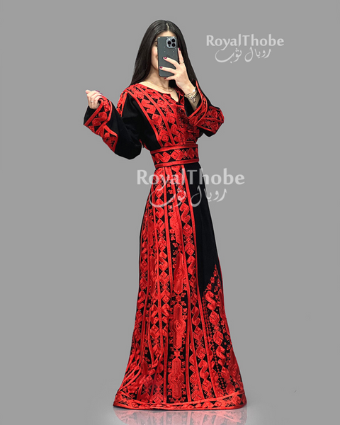 Black/Red Maleka Full Embroidered Thobe
