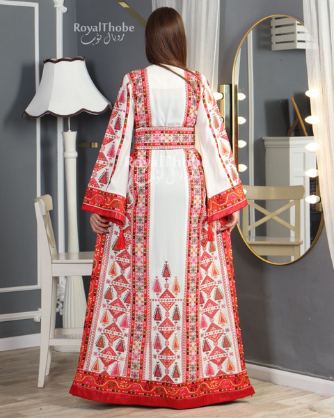 White/Red Triangle Dimond Full Embroidered Thobe