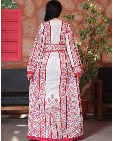 White/Red Satin Full Embroidered Thobe