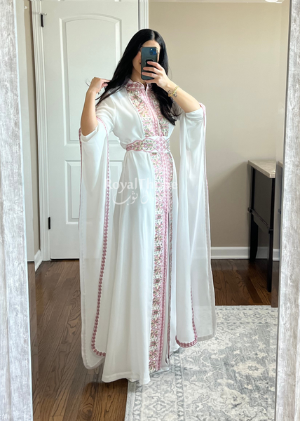White/Pink Simple Embroidered Kaftan