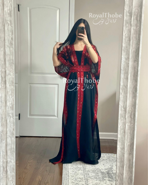 Black/Red Short Sleeve Embroidered Free Size Bisht